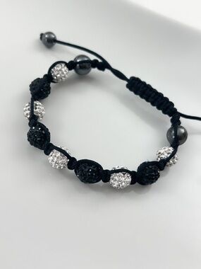Black and White Beaded Shamballa Crystal Bracelet - Adjustable